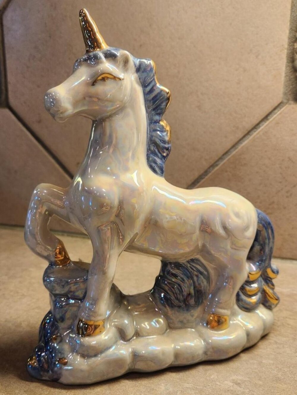 Vintage Iridescent Ceramic Unicorn Figurine Gold Accents
